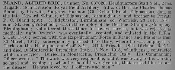 Bland A E Gnr Royal Field Artillery Obit