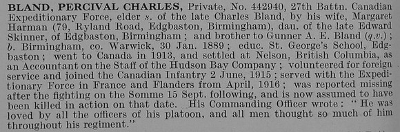 Bland P C Pte 27th CEF Obit