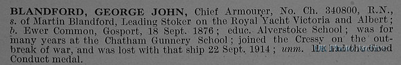 Blandford G J Chief Armourer 340800 HMS Cressy Royal Navy Obit
