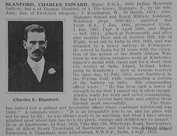 Blanford C E Major Royal Garrison Artillery Obit