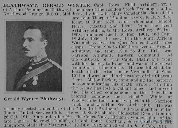 Blathwayt G W Captain Royal Field Artillery Obit