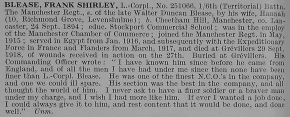 Blease F S L/Cpl 6th Manchester Regiment Obit