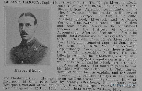 Blease H Captain 15th Kings Liverpool Regiment Obit
