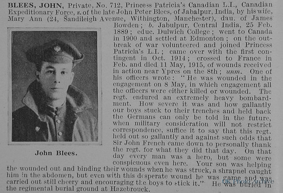 Blees J Pte 712 Princess Patricias Canadian Light Infantry Obit