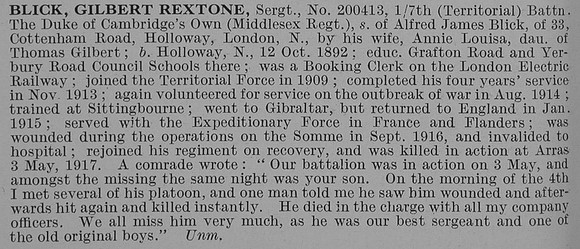 Blick G R Sergt 7th Middlesex Regiment Obit