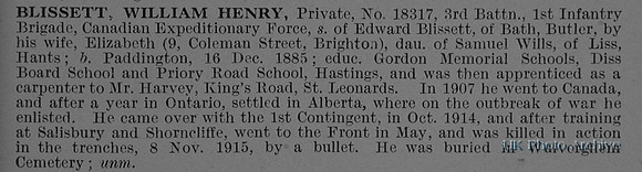 Blissett W H Pte 18317 3rd Canadian Infantry Obit