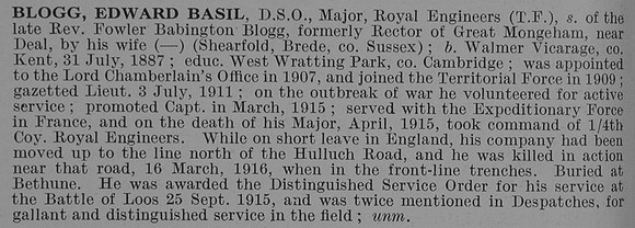 Blogg E B Major DSO Royal Engineers Obit