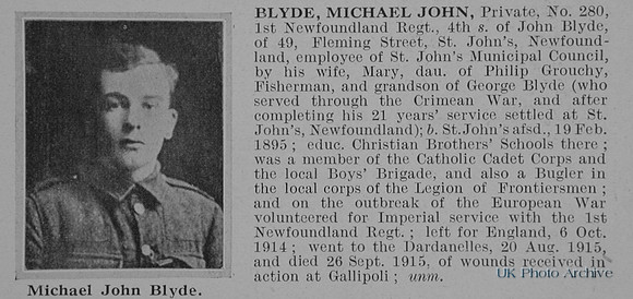 Blyde M J Pte 280 1st Newfoundland Regiment Obit