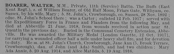 Boarer W Pte MM 11th East Kent Regiment Obit