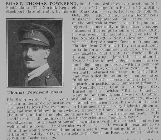 Boast T T 2nd Lt 1st Norfolk Regiment Obit