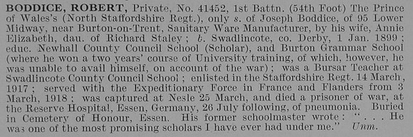 Boddice R Pte 1st North Staffs Regiment Obit