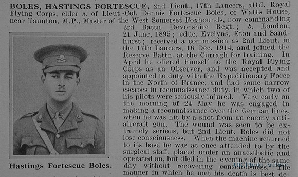 Boles H F 2nd Lt 17th Lancers Attd Royal Flying Corps Obit Part 1