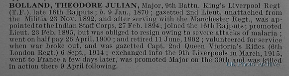 Bolland T J Major 9th Kings Liverpool Regiment Obituary