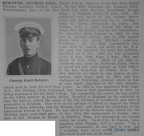 Bolster G E Major Royal Field Artillery Obit