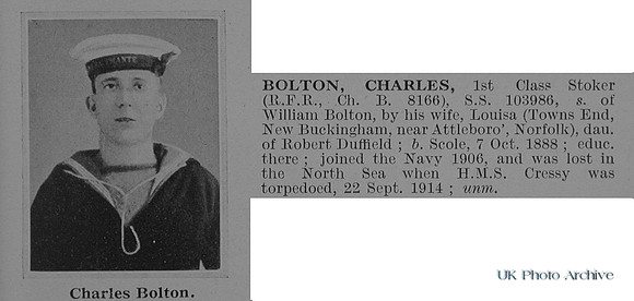 Bolton C Stoker 1st Class SS-103986 HMS Cressy Royal Navy Obit