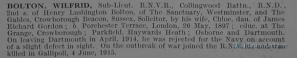 Bolton W Sub Lt Collingwood Bn RN Div Royal Naval Volunteer Reserve Obit