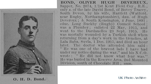 Bond O H D Sapper 2074 Royal Engineers Obit