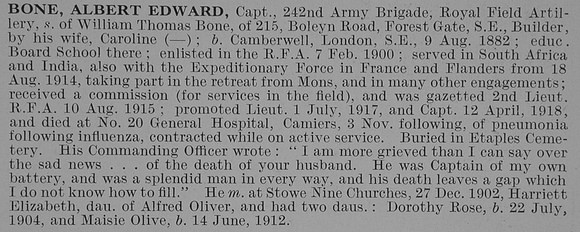 Bone A E Captain Royal Field Artillery Obit