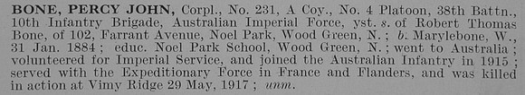 Bone P J Cpl 38th Australian Imperial Force Obit