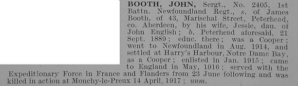 Booth J Sergt 1st Newfoundland Regiment Obit