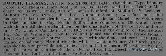 Booth T Pte 21338 4th Attd 12th Canadian Infantry Obit