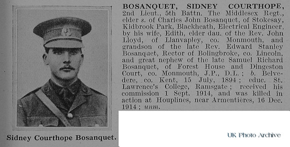 Bosanquet S C 2nd Lt 5th Middlesex Regiment Obit