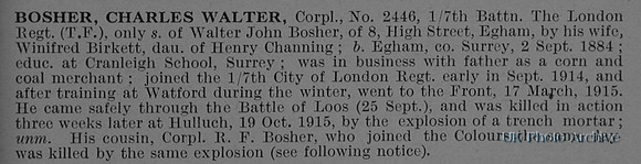 Bosher C W Cpl 2446 7th London Regiment Obit