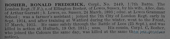 Bosher R F Cpl 2449 7th London Regiment Obit