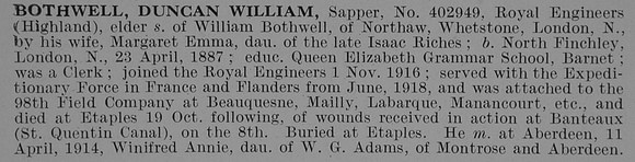 Bothwell D W Sapper Royal Engineers Obit