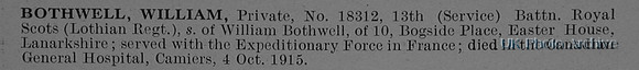 Bothwell W Pte 18312 13th Royal Scots Obit
