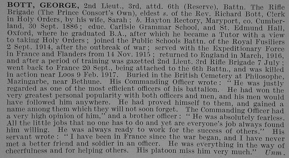 Bott G 2nd Lt 6th Rifle Brigade Obit