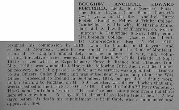 Boughey A E F Lt 8th Rifle Brigade Obit