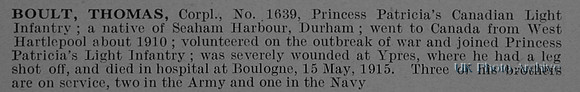 Boult T Cpl 1639 Princess Patricia's Canadian Light Infantry Obit