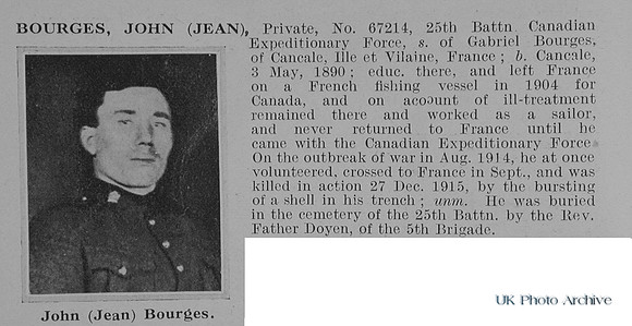 Bourges J Pte 67214 25th Canadian Infantry Obit