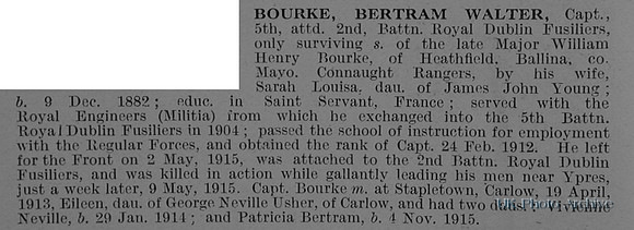 Bourke B W Captain 5th Attd 2nd Royal Dublin Fusiliers Obit