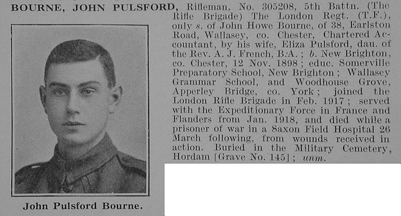 Bourne J P Rfn 305208 5th London Regiment Obit