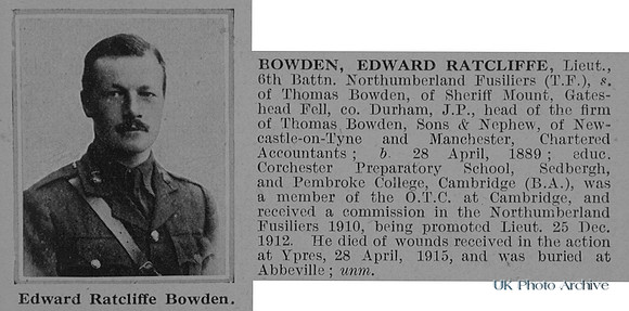 Bowden E R Lt 6th Northumberland Fusiliers Obit