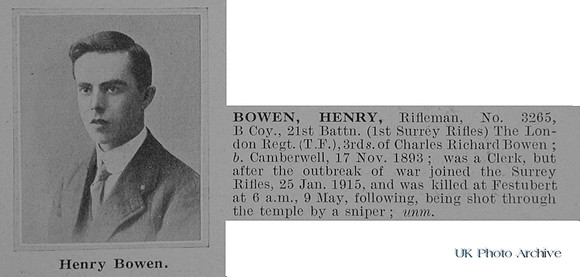 Bowen H Rfn 3265 21st London Regiment Obit