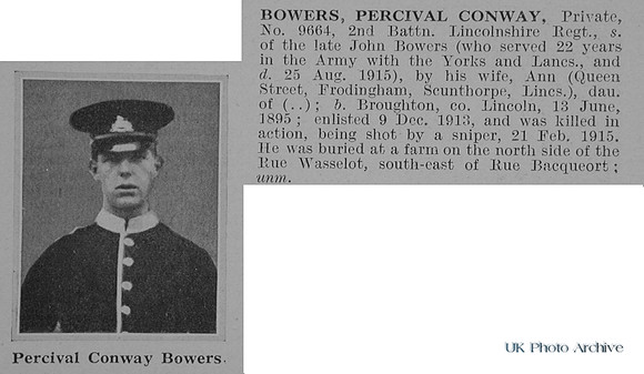Bowers P C Pte 9664 2nd Lincolnshire Regiment Obit