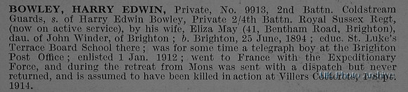 Bowley H E Pte 9913 2nd Coldstream Guards Obit