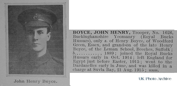 Boyce J H Tpr 1626 Royal Buckinghamshire Hussars Obit