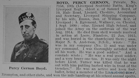 Boyd P G Pte  3158 10th Kings Liverpool Regiment Obit