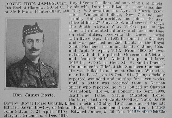 Boyle J Captain The Hon 1st Royal Scots Fusiliers Obit
