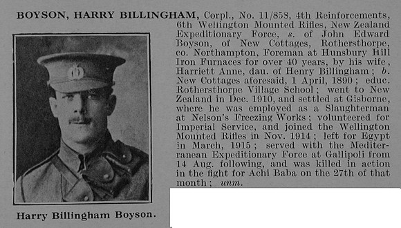 Boyson H B Cpl 11-858 6th Wellington Mounted Rifles N.Z.E.F Obit