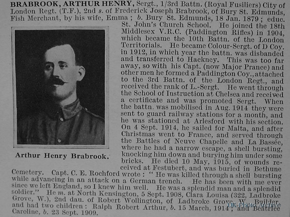 Brabrook A H Sergt 1366 3rd London Regiment Obit