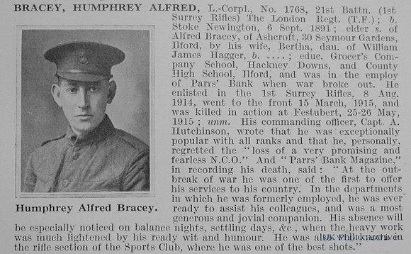 Bracey H A LCpl 1768 21st London Regiment Obit