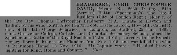 Bradberry C C D Pte 2630 24th Royal Fusiliers Obit