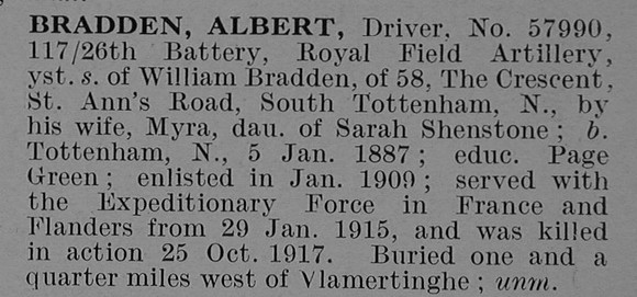 Bradden A Dvr 57990 Royal Field Artillery Obit