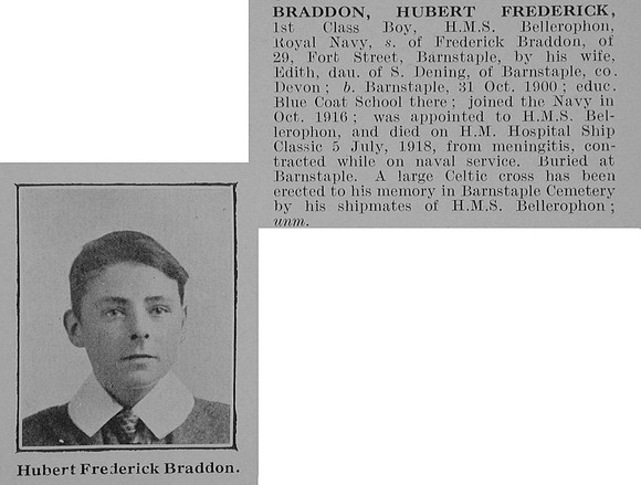 Braddon F H Boy 1st Class H.M.S. Bellerophon Royal Navy Obit