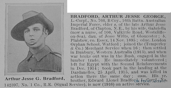 Bradford A J G LCpl 766 16th Australian Infantry Obit